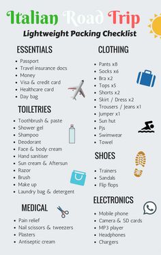 the italian road trip packing checklist is shown in this graphic style, and includes travel items