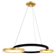 three lights hanging from the ceiling in a circular light fixture with black and gold rings