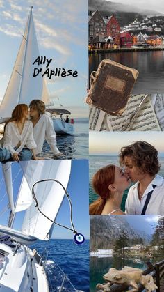 the collage shows two people sitting on a sailboat, and one is kissing