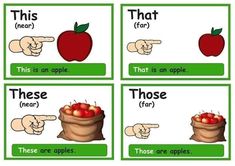 four cards with different words and pictures of apples in bags, pointing at them to each other