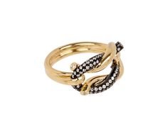 Stunning in its sparkle and modern design, this Boochier ring has the perfect amount of contrast and texture. The polished 18K yellow gold and black plated 18K yellow gold twist and tie together to create an open buckle. Tiny white diamonds are set within the blackened gold and the composition is set at the center of the 18K yellow gold double band. ring face : just under 1/2" x 3/4"diamonds : 1mm diameter each18K yellow gold band width : 4mmsize available : 6.75please contact us for sizing opti Formal Yellow Gold Black Enamel Ring, Yellow Gold Black Enamel Rings Fine Jewelry, Luxury Yellow Gold Rings With Black Enamel, Luxury Yellow Gold Rings With Black Spinel, Luxury Black Jewelry With Gold-tone Hardware, Black Plates, Gold Bands, Diamond White, Buckle