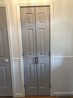 there are two doors in this room with white walls and wood flooring on the other side