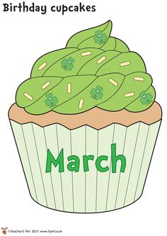 a cupcake with green frosting and shamrocks on it's top that says march