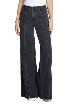 Flaunt a retro-inspired vibe in these stretch-kissed jeans cut with breezy slits at the perfectly flared wide legs. 32" inseam; 23 1/2" leg opening; 10 1/4" front rise Brushed Denim is 95% cotton, 4% polyester, 1% spandex; Brushed Black is 66% cotton, 23% polyester, 10% rayon, 1% spandex Machine wash, tumble dry Imported Flare Jeans Style, Black Wide Leg Jeans, Making Clothes, Denim Maxi Skirt, How To Make Clothes, Fashion Board, 2024 Fashion, Wide Legs, Skirt Design