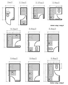 bathroom floor plans with measurements for each area and the toilet, sink, and shower