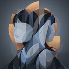 an abstract painting of a woman's head with geometric shapes on the face and shoulders