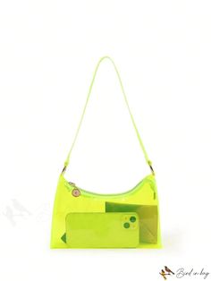 BirdinBag - PVC Neon Green Baguette Bag - Stylish Zippered Clear Bag in Funky Design Large Capacity Square Baguette Bag For School, Green Baguette Bag With Phone Pocket For Daily Use, Green Rectangular Baguette Bag With Mobile Phone Pocket, School Shoulder Baguette Bag With Removable Pouch, Green Baguette Mobile Phone Shoulder Bag, Green Rectangular Shoulder Bag For School, Green Shoulder Baguette Bag With Phone Holder, Pouch Baguette Bag With Zipper Closure For Shopping, Trendy Pouch Baguette Bag For Shopping