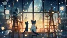 two cats sitting on stools in front of a window looking out at the stars