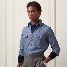 This utilitarian-inspired shirt is crafted from Japanese cotton chambray that is dyed with indigo and washed for added softness. Button Outfit, Japanese Cotton, Chambray Shirt, Chambray, Classic Style, Button Down Shirt, Ralph Lauren, Mens Shirts, Mens Outfits