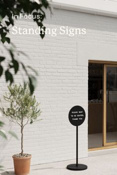 there is a sign that says in focus standing signs next to a potted plant