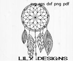 a black and white drawing of a dream catcher on a wooden background with the words lily designs