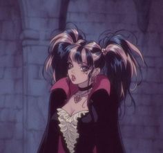 an anime character with her hair in pigtails and wearing a red dress, standing next to a brick wall