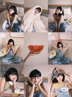 a collage of photos showing a woman holding a slice of watermelon