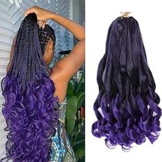 Purple French Braids, French Curls Braids Purple, Purple Braids Black Women, Purple French Curls Braids, Purple Braids For Black Women, French Curls, Purple Braids, Purple Ombre Hair, Hair For Black Women