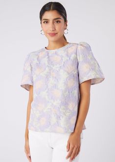 Marty Top Modest Neckline, Jacquard Blouse, Peace Illustration, Floral Jacquard, Purple Lilac, Pant Shirt, White Denim, Swimwear Tops, Floral Motif