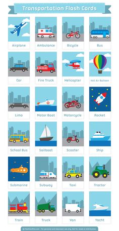 transportation flash cards with different types of vehicles