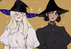 two women wearing witches hats in front of a star filled sky with snow flakes