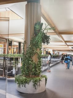 people walking through an airport lobby with plants growing on the columns