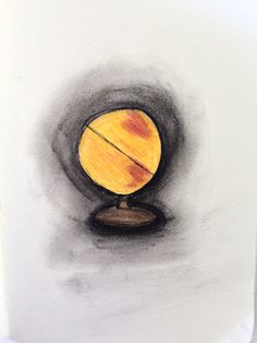 a drawing of a yellow object in the middle of a white wall with a black circle around it