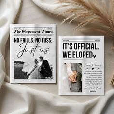 two wedding brochures on top of a white sheet with feathers in the foreground