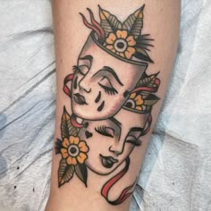 a close up of a person's leg with a tattoo on it and flowers