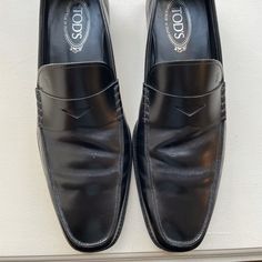 Pictures As Shown, Some Wear But Not Much Black Casual Loafers With Goodyear Welt, Casual Black Goodyear Welted Loafers, Slip-on Wingtip Loafers With Leather Footbed, Black Loafers With Leather Footbed, Medium Width, Penny Loafers Men, Tods Shoes, Penny Loafers, Slip Ons, Loafers Men