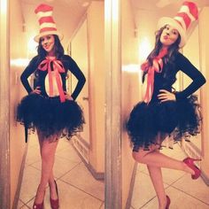 a woman wearing a cat in the hat dress and red shoes posing for a photo