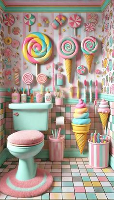 a bathroom decorated in pastel colors with lots of candy and lollipops