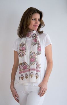 Pink Bohemian Cotton Scarf, Pink Bohemian Cotton Scarves, Traditional Hand Printed Cotton Scarves, Bohemian Cotton Scarves As Gift, White Cotton Scarves As Gift, White Cotton Scarf As Gift, Hand Carved Teak, Stay In Bed, Short Kimono