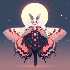 a pink and black butterfly sitting on top of a person's body in front of a full moon