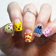 Short Winnie The Pooh Nails, Short Nail Designs Disney, Pooh Nails, Cute Cartoon Nails, Character Nail Designs, Winnie The Pooh Nails, Disney Manicure, Disneyland Nails