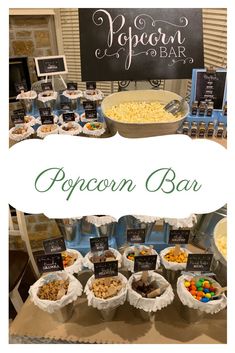 the popcorn bar is set up with different types of snacks