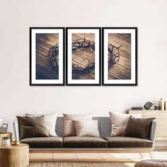 three framed pictures hanging on the wall above a couch in a room with wood flooring