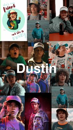 a collage of photos with the words dustin written in different languages and pictures of young people