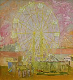 an oil painting of a ferris wheel and people