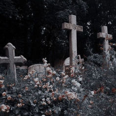 an old cemetery with three headstones and flowers