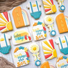 Here Comes The Son Baby Shower Sun Bright Color Decorated Custom Cookies Here Comes The Son Cookies, Here Comes The Son, Pregnancy Ideas, Custom Sugar Cookies, Boho Birthday Party, Shower Cookies, Bright Sun, Boho Birthday