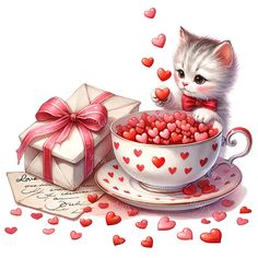 a kitten in a teacup with hearts floating out of it, next to a gift box