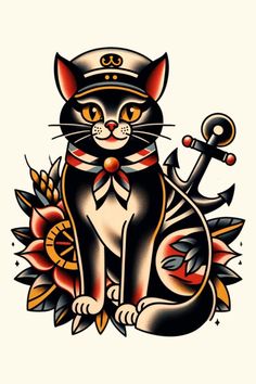 a cat sitting on top of an anchor with flowers around it and wearing a sailor's hat