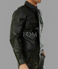 Men's Real Black Leather Police Military Style Shirt Gay Bluf Jacket Cuir | eBay Leather Jacket With Flap Pockets, Black Long Sleeve Biker Jacket With Button Closure, Fitted Leather Jacket With Button Closure, Fitted Leather Long Sleeve Tops, Fitted Leather Jacket With Long Sleeves, Fitted Long Sleeve Leather Top, Black Fitted Collared Outerwear, Fitted Black Collared Outerwear, Fitted Collared Biker Jacket For Winter