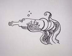 Pirates of the Caribbean minimalist Tattoo, of black pearl in a bottle held by an octopus Vintage Pirate Tattoo, Pirate Lady Tattoo, Tattoo Pirate, Aquatic Tattoo, Pirate Tattoos, Tattoos Ideas For Men, Pirate Skull Tattoos, Pirate Ship Tattoos, Pirate Ship Tattoo