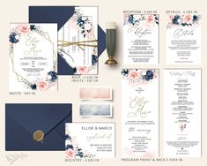 wedding stationery suite with navy blue and pink flowers