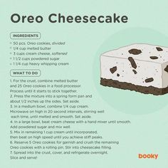 the recipe for oreo cheesecake is shown in an illustration above it's description