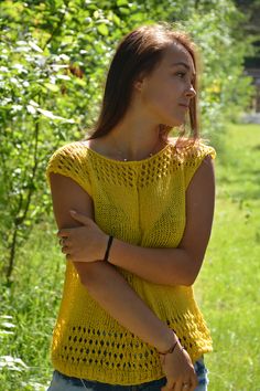 "Cotton Summer Blouse Top Oversized Plus Size Hand Knit Summer Sweater Handmade Cotton Blouse Tunic Loose Knit Women's Sweater Yellow Lenght ~ 22,8\" (58cm) Width ~ 22\" (56cm) One Size, should fit on S/M/L Hand made soft yarn 100% cotton color yellow If you would like a different color, please write to me. Many colors are possible. Please wash by hand in lukewarm water and dry flat" Knit Summer Sweater, Chunky Jacket, Oversized Plus Size, Knit Summer, Sweater Handmade, Knitted Blouse, Summer Sweater, Summer Sweaters, Summer Blouse