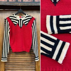 "Vintage 1960's Trompe L'Oeil Mod Stripe Collar Vest Detail Sweater. Tag Size 7/8. Please check the measurements below. Very good condition. General wear. The label is \"S.S.H. for Mr. Mort\". Original 1960's. Knit sweater with stripped shirt and vest design. All Sales Final. Please ask any questions before purchase. Take a look at our Store for more Vintage Clothing - VintageOnHollywood. MEASUREMENTS Shoulder to Shoulder: 15 3/4\" Underarm to Underarm: 17 1/4\" Outer Sleeve Length (shoulder edg Trompe L'oeil Clothing, Retro Fall Sweater, Mod Fashion Women, Vest With Sleeves, Vintage Sweater Vest, Vest Design, 1960s Outfits, 60s And 70s Fashion, Collar Vest