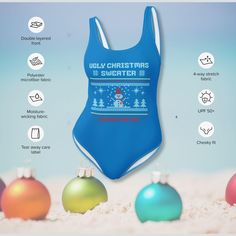 Bring some holiday cheer to the beach or pool with this fun and festive one-piece swimsuit for women! Inspired by the classic Ugly Christmas Sweater, this swimsuit offers a humorous and stylish twist on holiday wear. Perfect for family vacations, beach days, or poolside lounging, this swimsuit features a cheeky fit, scoop neckline, and a low scoop back to highlight your best features. The chlorine-resistant, smooth fabric provides all-day comfort, while the four-way stretch ensures it moves with Funny Ugly Christmas Sweater, Ugly Christmas Sweater Women, Ugly Christmas Sweater Funny, Holiday Wear, Family Vacations, Fun Christmas, Holiday Looks, One Piece For Women, Moisture Wicking Fabric