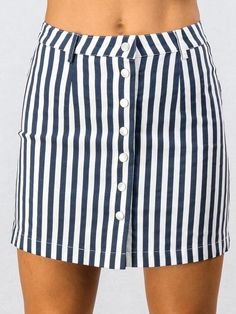 Strut Your Stuff in this Navy Blue and White Stripe Button Down Skirt 64% COTTON 33% POLY 3% SPANDEX Chic Mini Skort With Button Closure, Spring Denim Skirt With Button Closure For Day Out, Casual Mini Skirt With Button Zip Fly, Summer Skort With Button Closure For Day Out, Fitted Denim Skirt With Button Closure For Summer, Chic Button-up Denim Skirt With Buttons, Spring Skort With Button Closure And Short Length, Buttoned Mini Denim Skirt For Summer, Chic Button-up Denim Skirt