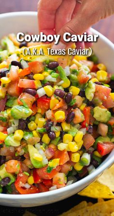 This Cowboy Caviar salsa is wonderfully fresh, healthy, simple, and loaded with fresh vegetables! We make this recipe all summer long.  It makes a big batch so it is an ideal summer party dip. River Dinner Ideas, Cowboy Caviar No Beans, How To Make Cowboy Caviar, Cowboy Caviar Natasha's Kitchen, Recipe Cowboy Caviar, Cowboy Bites Recipe, Healthy Cowboy Caviar Recipes, Healthy Dinner Recipes For A Crowd, Cowboy Caviar Avocado