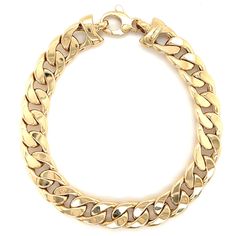 Our 14k yellow gold Italian made flat Cuban link bracelets come in 3 widths. Item Information Metal: 14K Gold Approx. Weight: S - 5g (semi-hollow) M - 5.9g (semi-hollow) L - 10.4g (semi-hollow) Link Size: S - 5.5mm M - 6.3mm L - 8.9mm Clasp: Lobster Clasp Chain Length: 7" Elegant Cuban Link Bracelet With Solid Construction, Classic Cuban Link Bracelet With Jubilee Details, Classic Gold Bangle Bracelet With Curb Chain, Classic Gold Curb Chain Bangle Bracelet, Elegant Cuban Link Chain Bracelet For Formal Occasions, Classic Cuban Link Chain Bracelet For Formal Occasions, Classic Round Cuban Link Bracelet With Polished Finish, Classic Cuban Link Bracelet With Polished Finish, Elegant Cuban Link Bracelet With Polished Finish