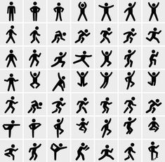 various black and white silhouettes of people jumping, running, playing with each other